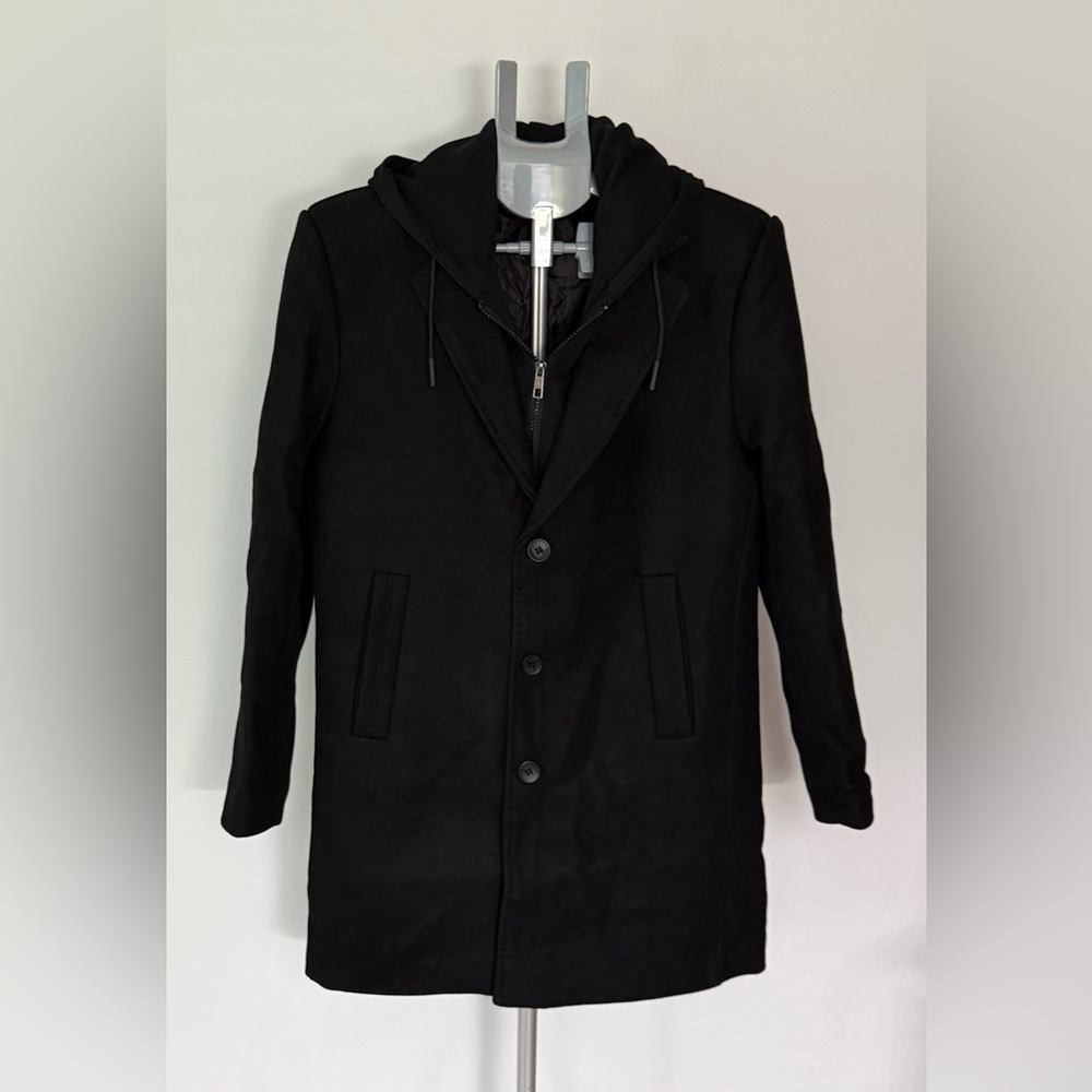 Mens Classic Black Wool Blend Pea Coat with Removable Hoodie Small New with Tags